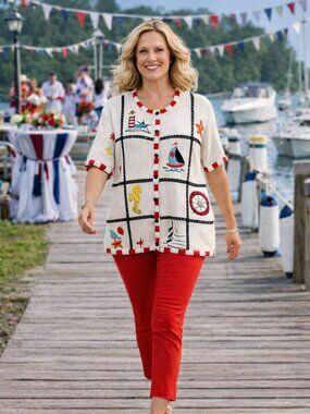 NWT Designers Original Studio Nautical Lighthouse Embroidered‎ Sweater Women L
